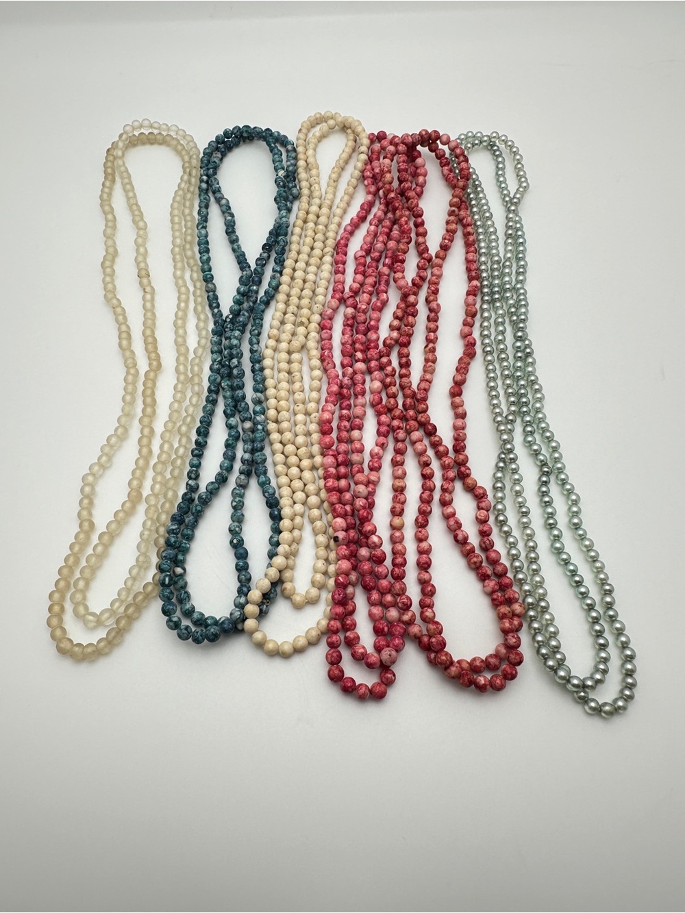 Classic Multicolor Beaded Necklace Set of Five - Red, Teal, Cream, Pearl, Silver - Picture 2 of 10